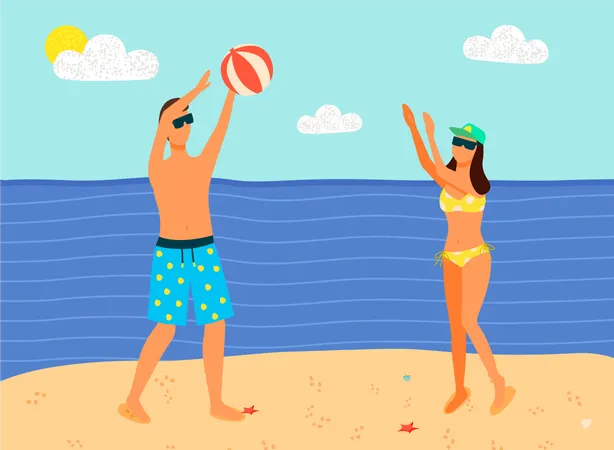 Hombre y mujer en trajes de baño jugando pelota inflable  Ilustración