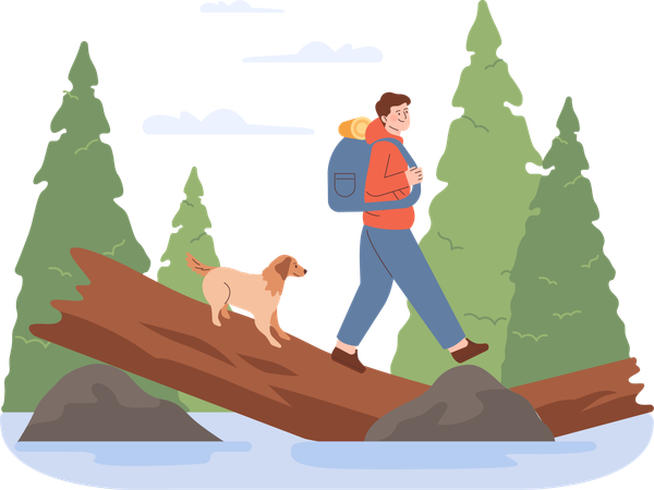 Hombre y perro caminando sobre la raíz del árbol  Ilustración