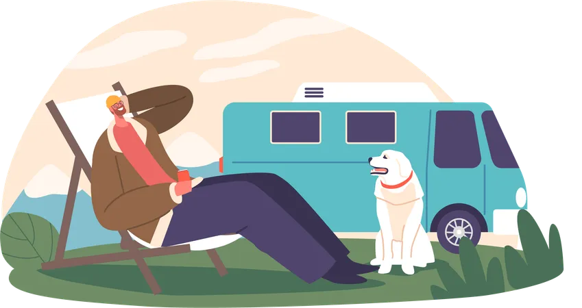 Hombre y su perro disfrutan de un fin de semana tranquilo al aire libre  Ilustración