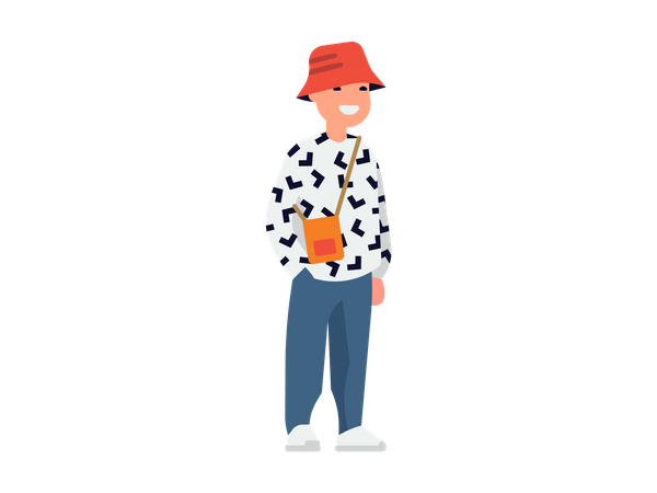 Hombres con gorra roja y bolso de bolsillo.  Ilustración