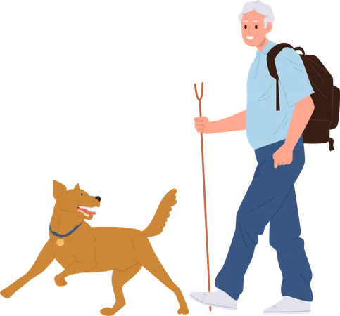 Feliz velho mochileiro passeando com cachorro desfrutando de atividades de caminhada ao ar livre  Ilustração