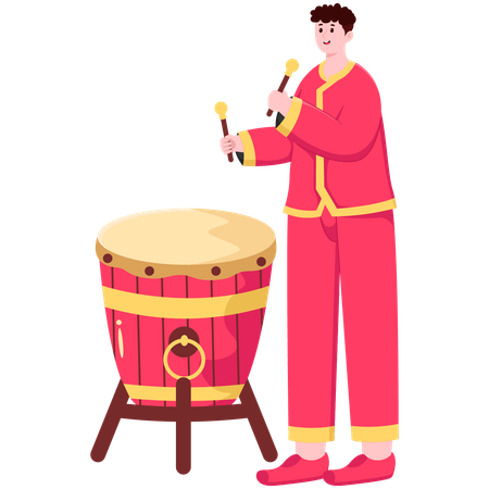 Homem chinês tocando bateria  Ilustração