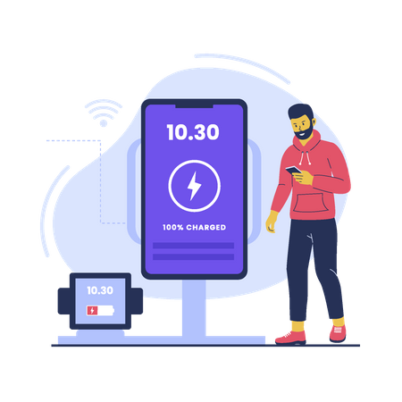 Homem com tecnologia de carregamento sem fio  Ilustração
