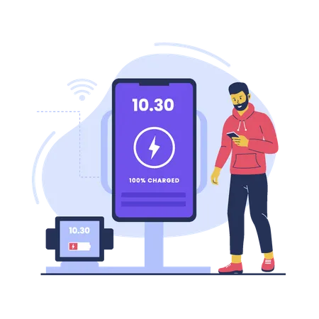 Homem com tecnologia de carregamento sem fio  Ilustração