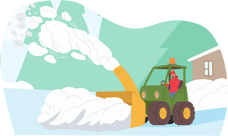 Homem dirigindo máquina limpa-neve  Ilustração