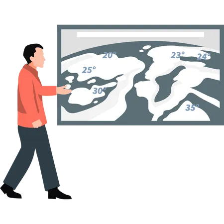 Homem informando a temperatura de diferentes áreas no mapa  Ilustração