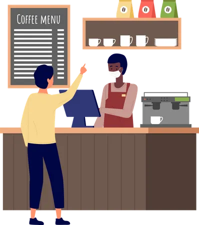 Homem escolhe bolos e compra café na padaria  Ilustração