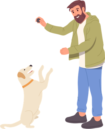 Homem feliz brincando de cachorro com bola, passando tempo com um amigo ao ar livre  Ilustração