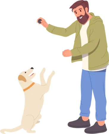 Homem feliz brincando de cachorro com bola, passando tempo com um amigo ao ar livre  Ilustração