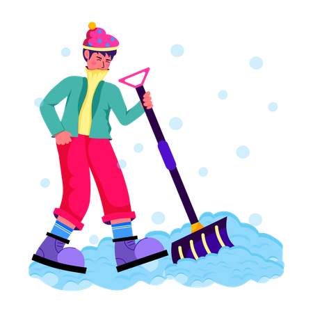 Homem limpando neve com pá  Ilustração