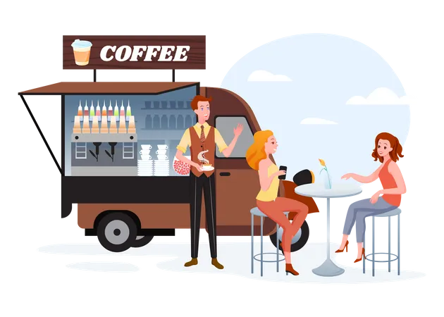 Homem servindo café no caminhão  Ilustração