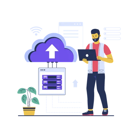 Homem trabalhando em tecnologia de computação em nuvem  Ilustração
