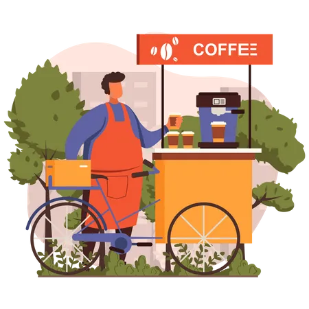 Homem vendendo café em bicicleta  Ilustração