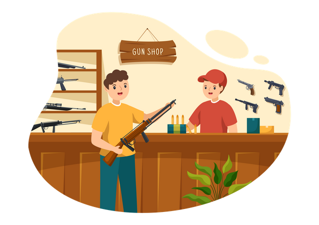 Homme achetant un fusil dans un magasin d'armes  Illustration