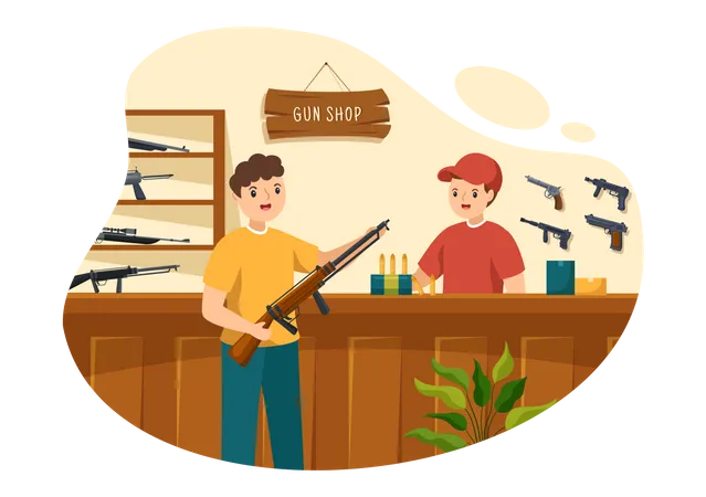 Homme achetant un fusil dans un magasin d'armes  Illustration