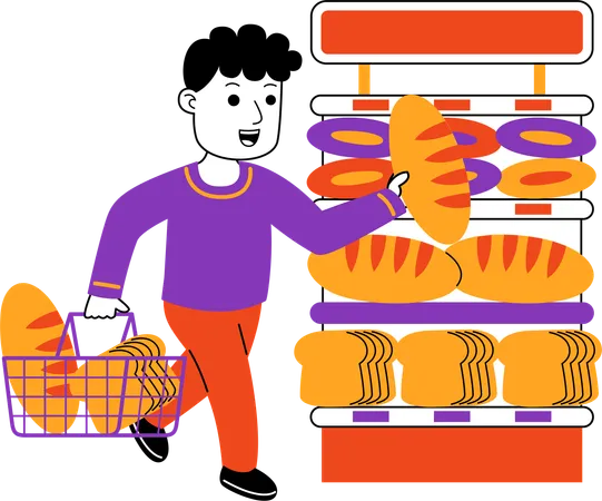 Man Shopper achète du pain au supermarché  Illustration