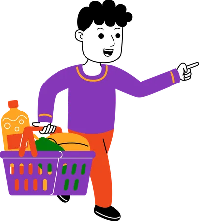 Man Shopper transportant des produits d'épicerie dans un panier  Illustration