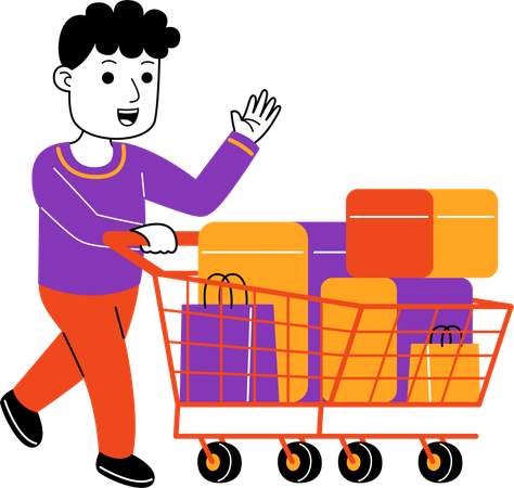 Man Shopper transportant des produits d'épicerie sur un chariot  Illustration