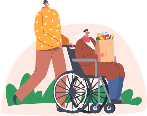 Homme aidant une vieille femme handicapée  Illustration