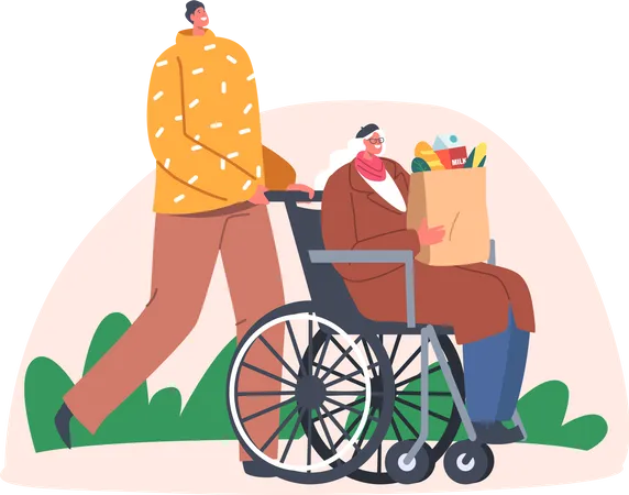 Homme aidant une vieille femme handicapée  Illustration