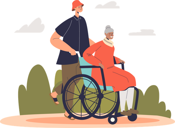 Homme bénévole aidant une dame âgée en fauteuil roulant  Illustration