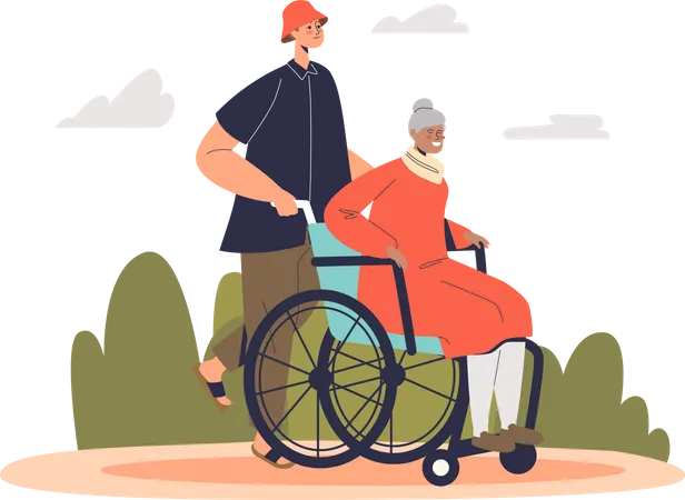 Homme bénévole aidant une dame âgée en fauteuil roulant  Illustration