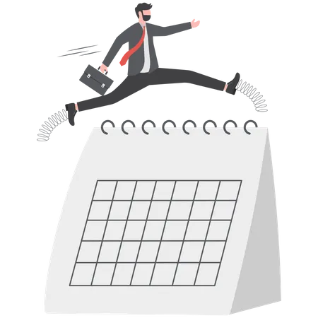 Homme d'affaires de confiance utilisant le saut à la perche au crayon sautant par-dessus le calendrier  Illustration