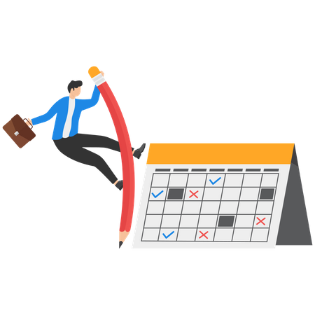 Homme d'affaires de confiance utilisant le saut à la perche au crayon sautant par-dessus le calendrier  Illustration