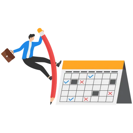 Homme d'affaires de confiance utilisant le saut à la perche au crayon sautant par-dessus le calendrier  Illustration