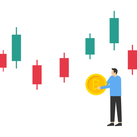 Homme d'affaires détenant Bitcoin devant un graphique en hausse  Illustration