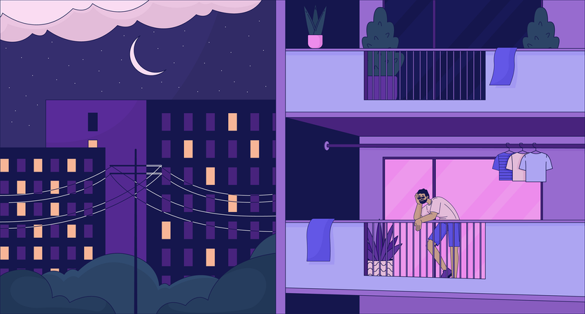 Homme debout sur le balcon tard dans la nuit  Illustration