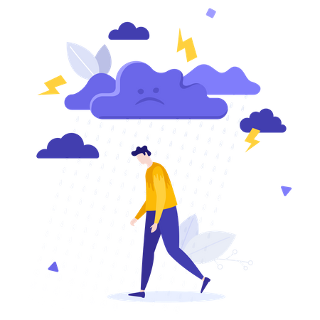 Homme déprimé marchant sous la pluie  Illustration