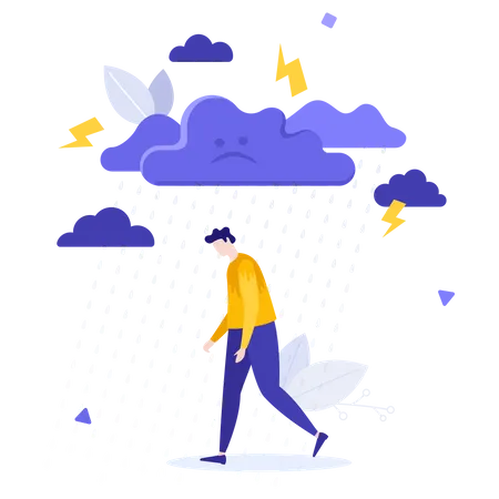 Homme déprimé marchant sous la pluie  Illustration