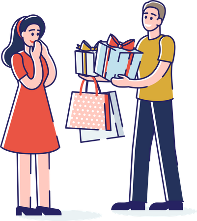 Homme donnant des cadeaux à une femme  Illustration