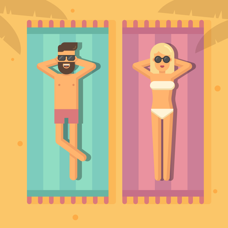 Homme et femme en train de bronzer à la plage  Illustration