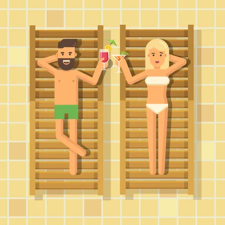 Homme et femme buvant des cocktails dans des chaises longues au bord de la piscine  Illustration