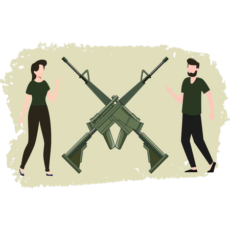 Homme et femme regardant des armes à feu  Illustration