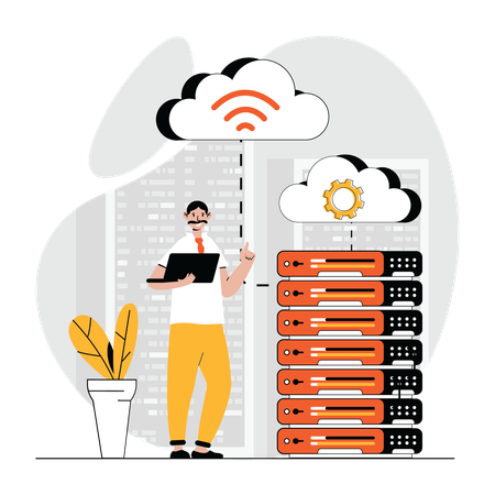 Homme gérant le serveur de données cloud  Illustration