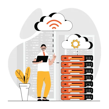 Homme gérant le serveur de données cloud  Illustration