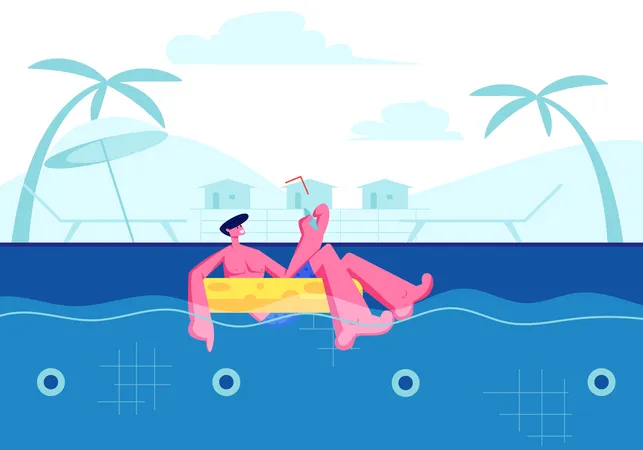 Heureux homme appréciant un cocktail et flottant sur un anneau gonflable dans la piscine  Illustration