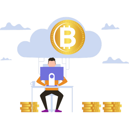 Homme extrayant du bitcoin via le cloud mining  Illustration