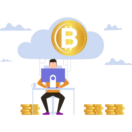 Homme extrayant du bitcoin via le cloud mining  Illustration