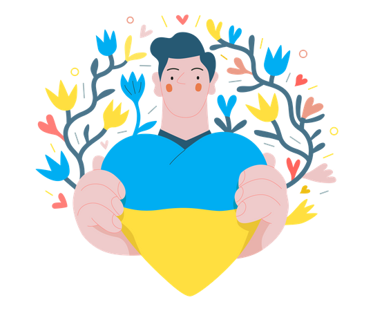 Homme montrant le coeur coloré du drapeau ukrainien  Illustration