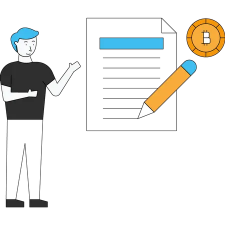 Un homme signe un document Bitcoin  Illustration