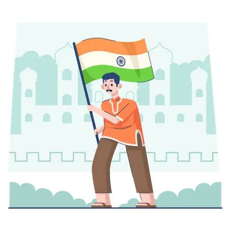 Homme tenant un drapeau le jour de la république indienne  Illustration