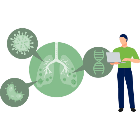 Homme travaillant sur un ordinateur portable pour les bactéries du cancer du poumon  Illustration