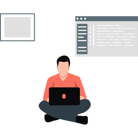 Homme travaillant sur un site Web de code et assis avec un ordinateur portable sur ses genoux  Illustration