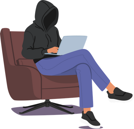 Hooded Figure Typing Fake News On Laptop In Secrecy  Illustration