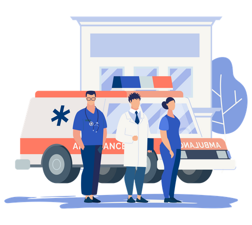 Hospital and medical assistants and ambulance  イラスト