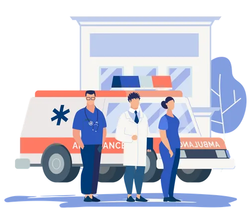 Hospital and medical assistants and ambulance  イラスト